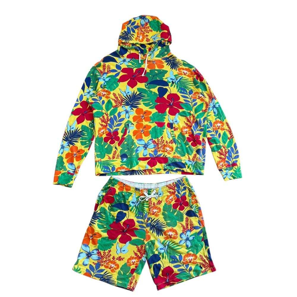 Polo Ralph Lauren Mens XL Tropical Hibiscus Floral Hoodie and Shorts Set Yellow
